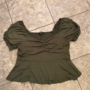 Vibe Olive Green Ruched Puff Sleeve Blouse